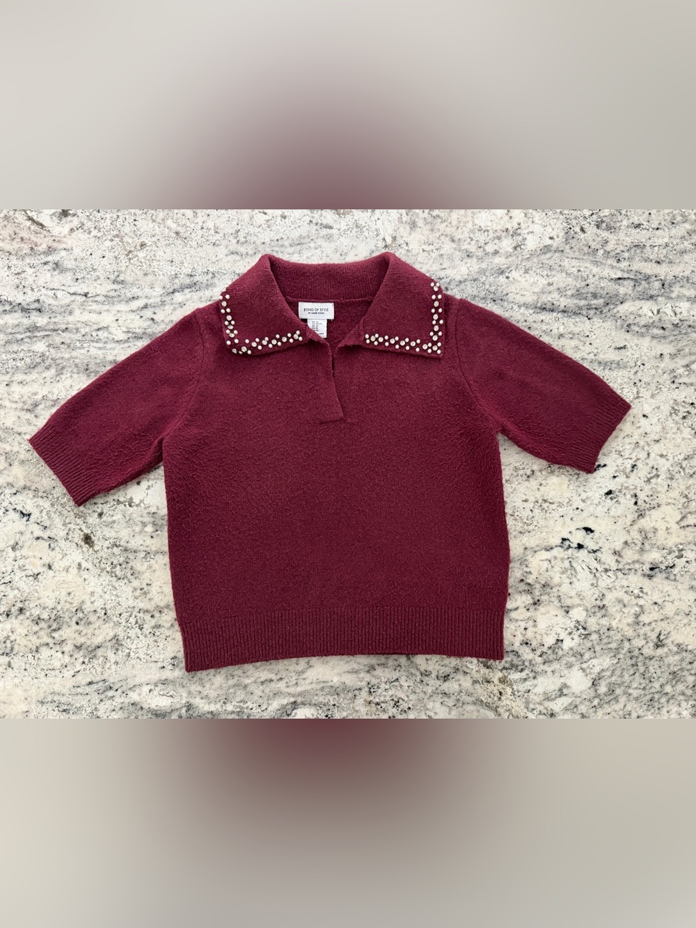 Burgundy Short-Sleeve Sweater with Embellished Collar